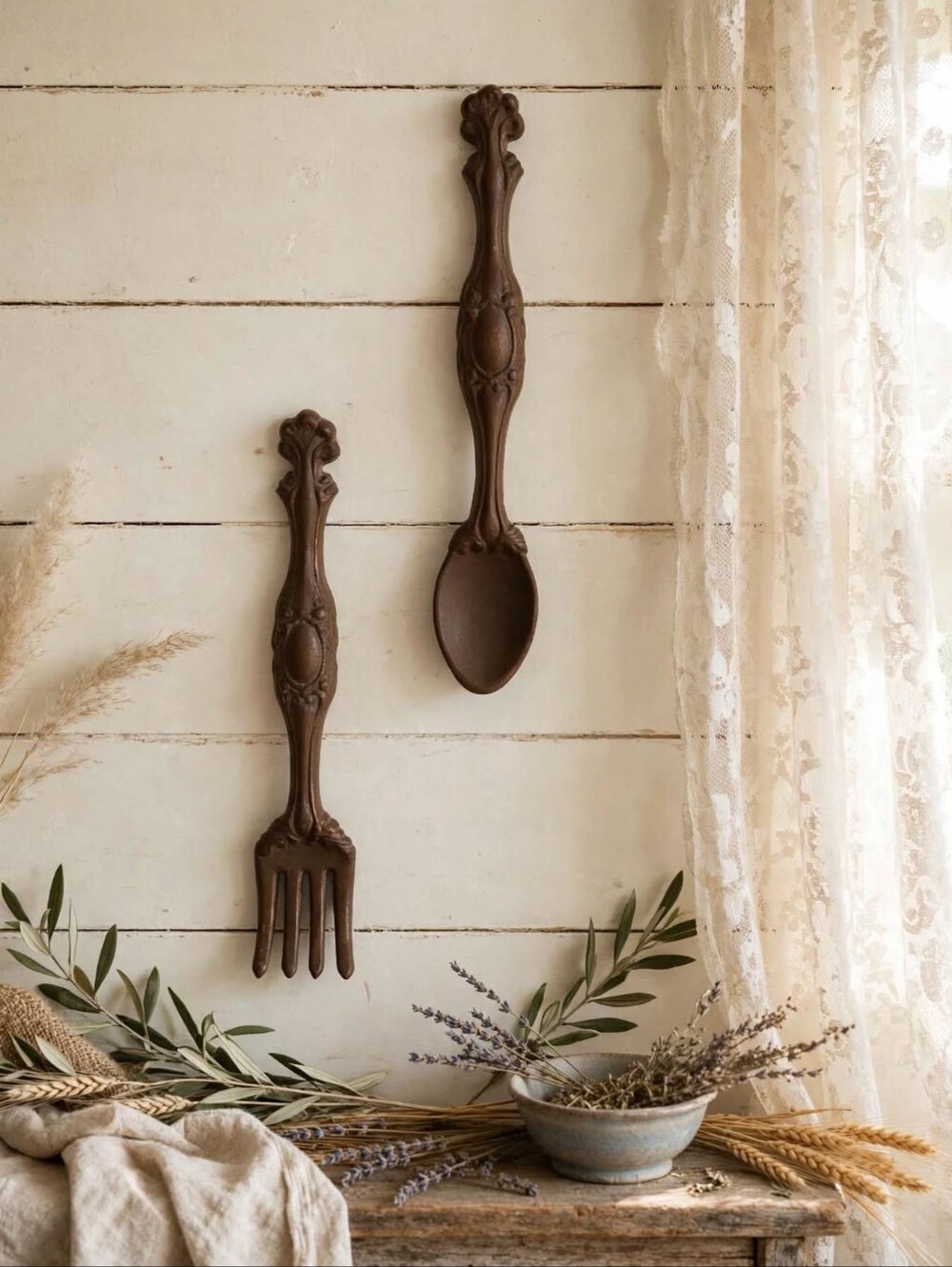 Vintage 1970s Ceramic Oversized Fork & Spoon Wall Decor Set Matte Brown